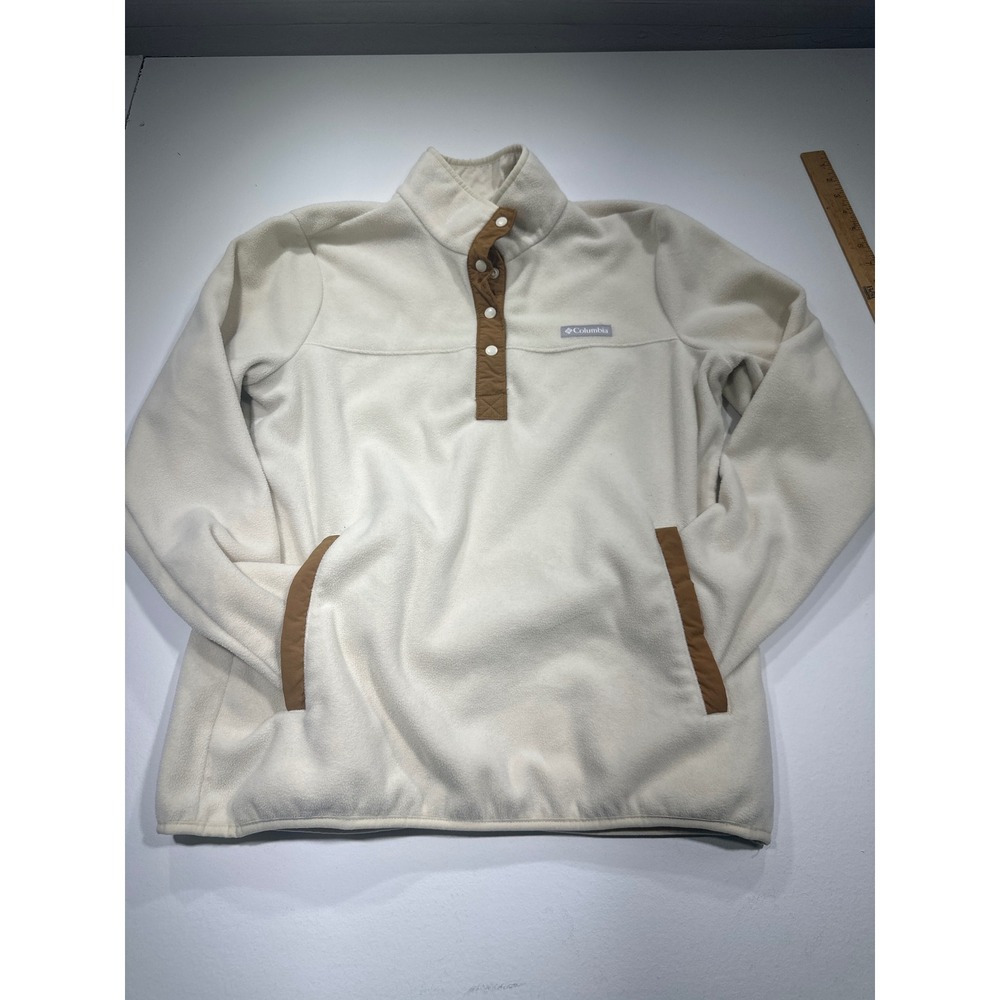 Columbia Benton Springs Fleece Pullover Cream Brown Snap Neck Womens L